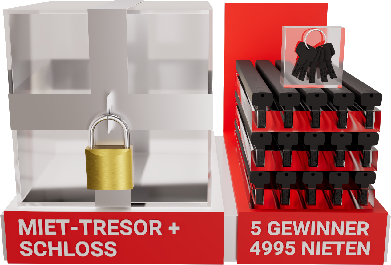 Paket 5.000 Schlüssel: Miet-Tresor und Schloss, 5 Gewinner- und 4.995 Nieten-Schlüssel